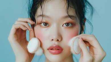 korean model is using cotton pards makeup